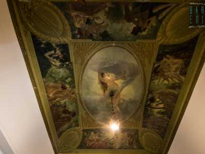 Il dipinto presenta, nel riquadro centrale, una cornice ovale a foglie di lauro che richiamano le decorazioni nei quattro angoli. All'interno si trova una figura femminile morbidamente avvolta da un panneggio che rappresenta probabilmente l'Allegoria della Vanit�
